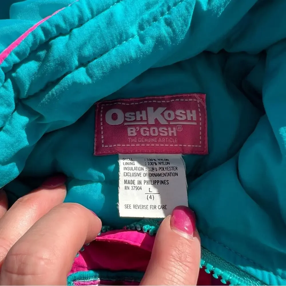 Vintage 90s OshKosh B’Gosh neon pink purple color block winter parka puffer coat